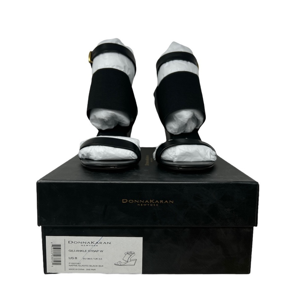 Donna Karan New York Black Leather Wedge Sandals NIB Gold Accent Size 8 - Picture 3 of 10